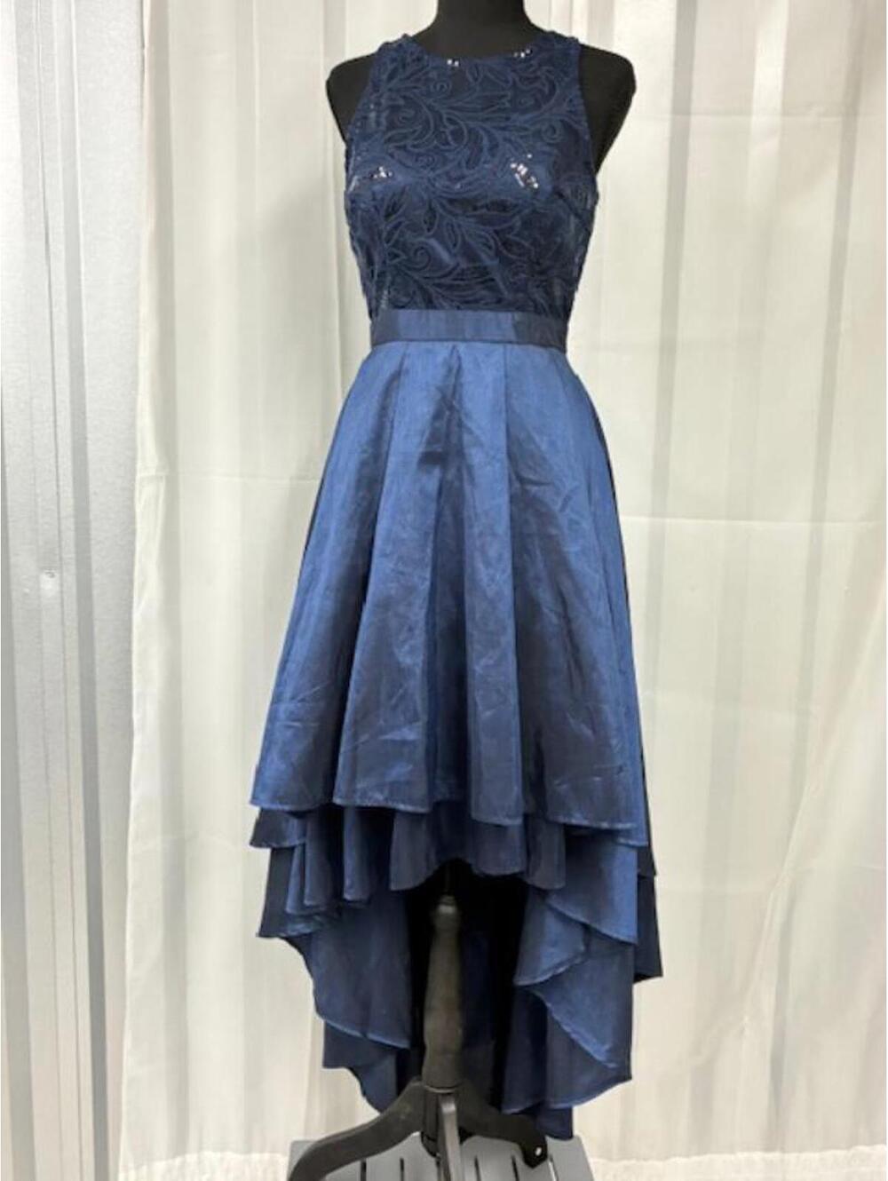 Navy Blue High-Low Formal Dress with Sequin Embellished Bodice